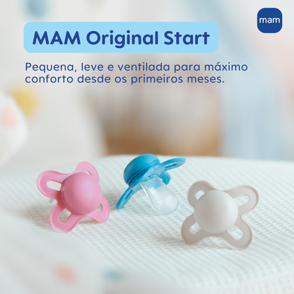 Chupeta MAM Original Start Night 0-2 Meses Lilás com Botão Brilha no Escuro e Caixa Esterilizadora