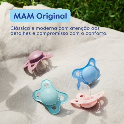 Chupeta MAM Original Night 0-6 Meses Rosa com Botão Brilha no Escuro e Caixa Esterilizadora
