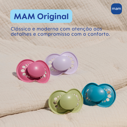 Chupeta MAM Original Night 16+ Meses Rosa com Botão Brilha no Escuro e Caixa Esterilizadora
