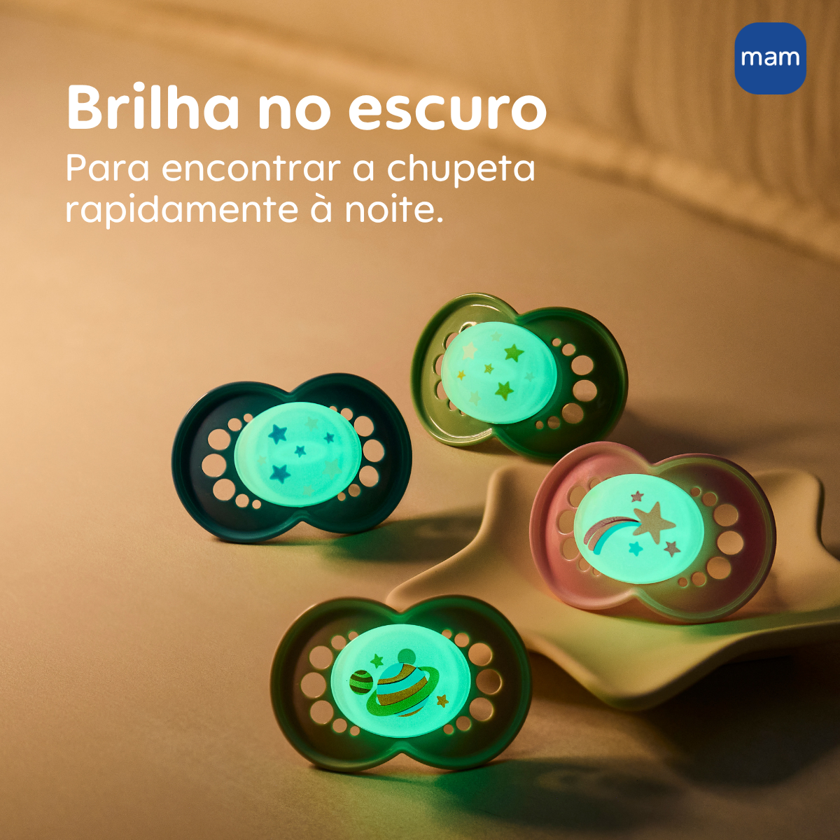 Chupeta MAM Original Night 16+ Meses Rosa com Botão Brilha no Escuro e Caixa Esterilizadora