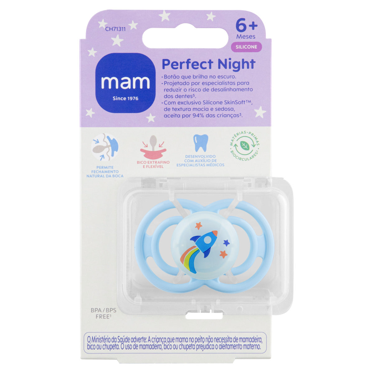 Chupeta MAM Perfect Night 6+ Meses Azul com Botão Brilha no Escuro e Caixa Esterilizadora