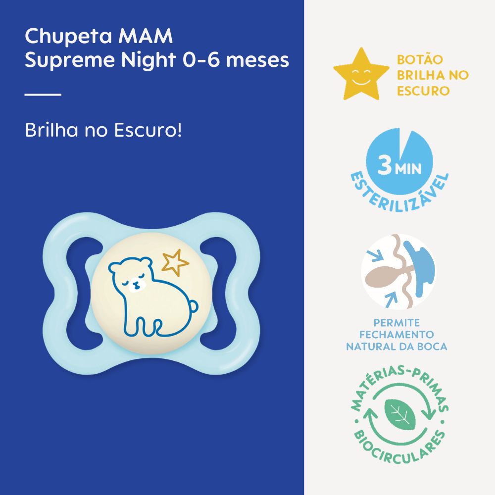Chupeta MAM Supreme Night 0-6 Meses Azul com Caixa Esterilizadora