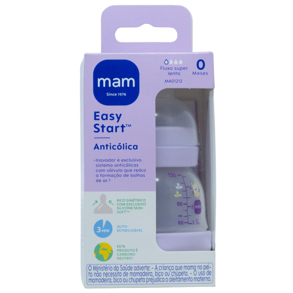 Mamadeira MAM Easy Start 130ml Anticólica e Autoesterilizável 0+ Meses Lilás